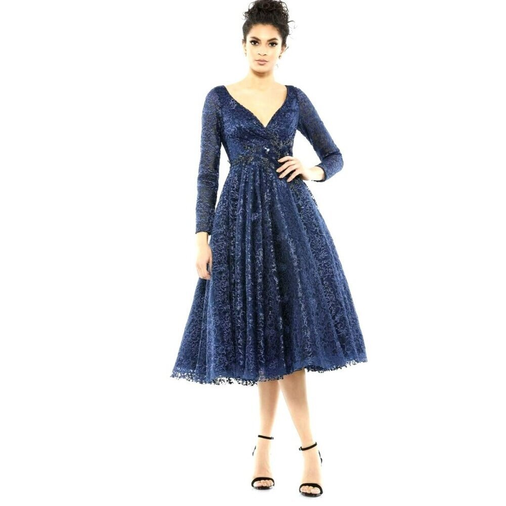 Mac Duggal Embellished Midi Blue Evening Dress Size 4 New